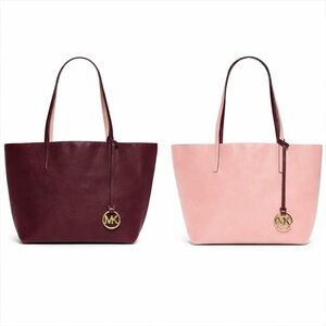 MICHAEL KORS IZZY REVERSIBLE SHOULDER TOTE BAG MERLOT/PASTEL PINK